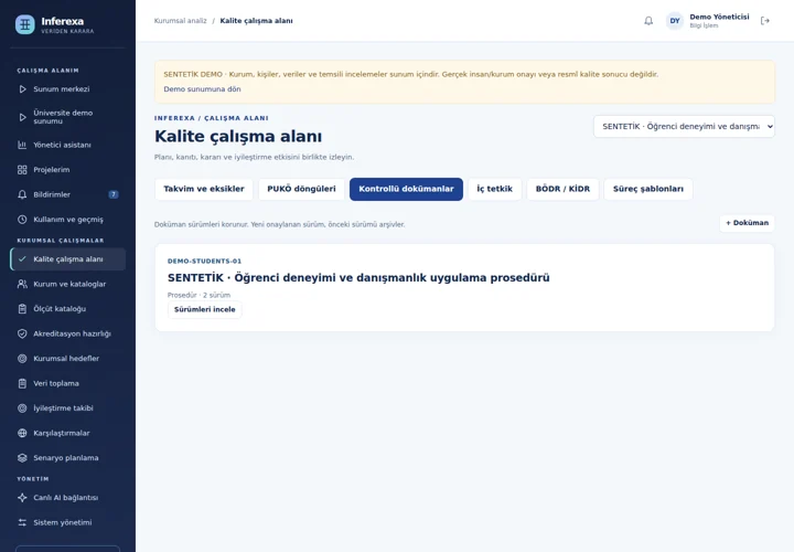 Doküman kodu ve sürüm takibi yapılan kontrollü dokümanlar ekranı