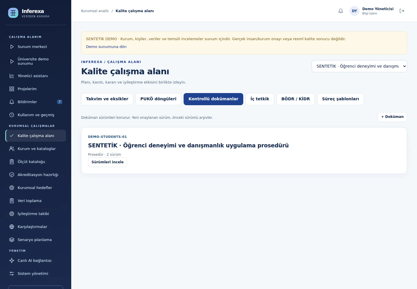 Doküman kodu ve sürüm takibi yapılan kontrollü dokümanlar ekranı