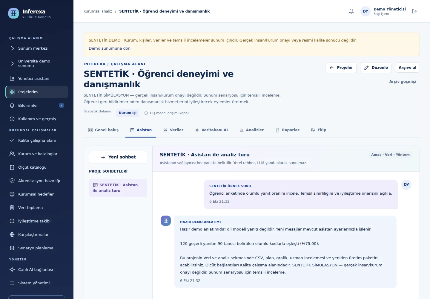 Öğrenci memnuniyeti projesinde hazır demo anlatımı olarak işaretlenmiş asistan konuşması