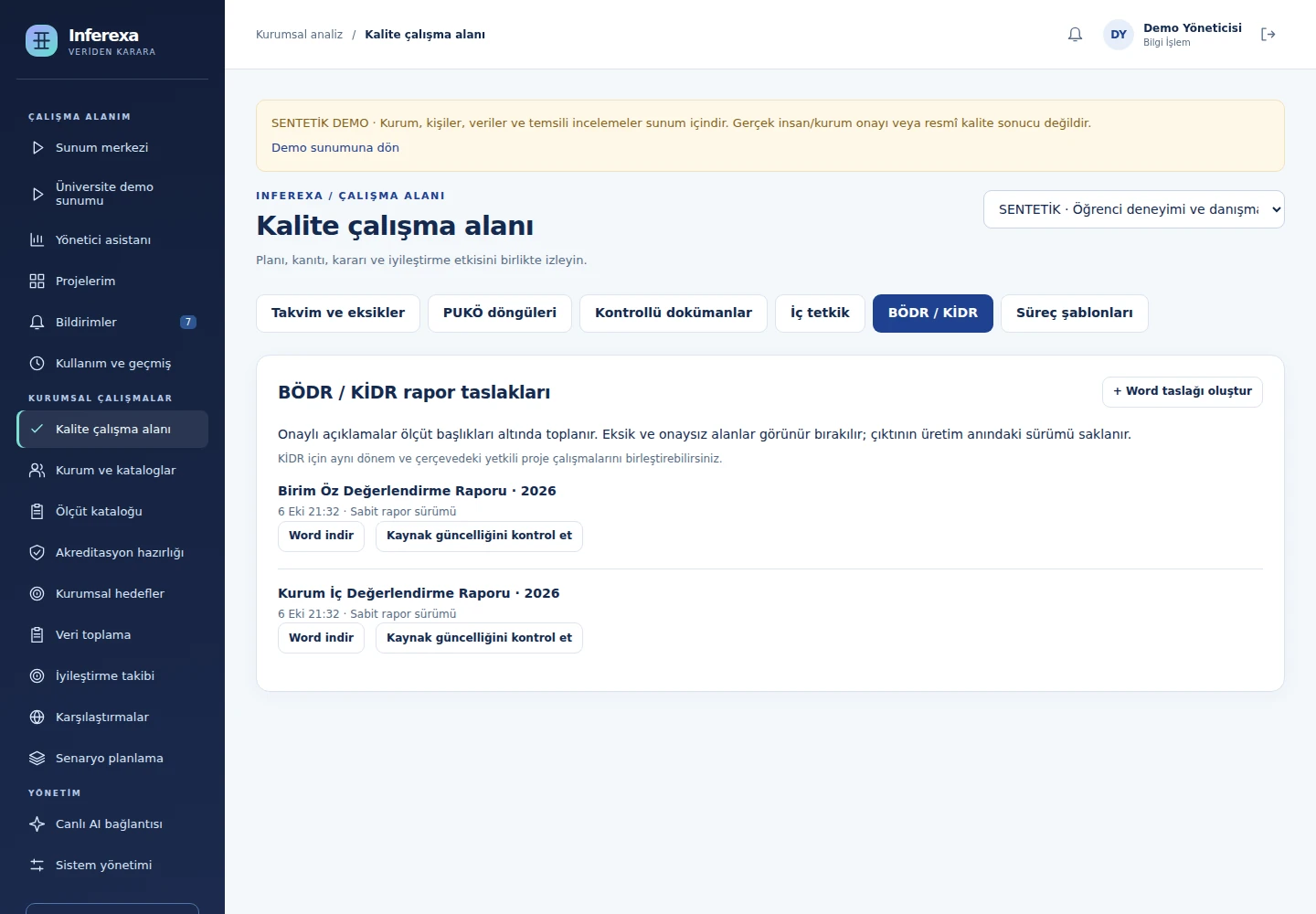 Dönem kayıtlarından oluşturulmuş Word rapor taslaklarının listesi